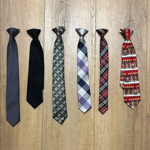 Boy’s clip-on Necktie Bundle | 6 Ties | Work, Plaid, Geometric & Holiday